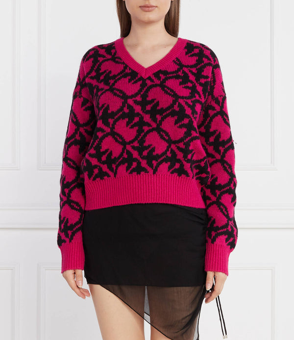 PINKO - Ovino Maglia Lana Alpaca Texture Birds Fuxia/Nero