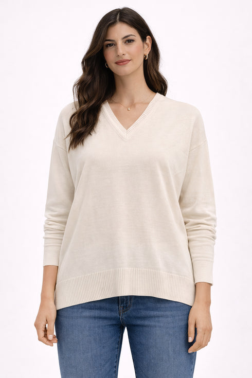 Soft Flow V-Neck Knit Blouse Ecru