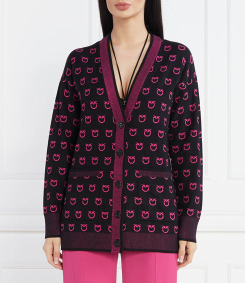 PINKO - Lama Cardigan Jacquard Logo Bird Nero/Fuxia