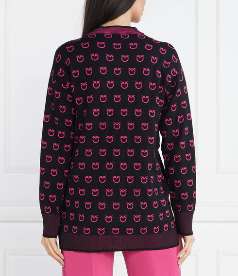 PINKO - Lama Cardigan Jacquard Logo Bird Nero/Fuxia