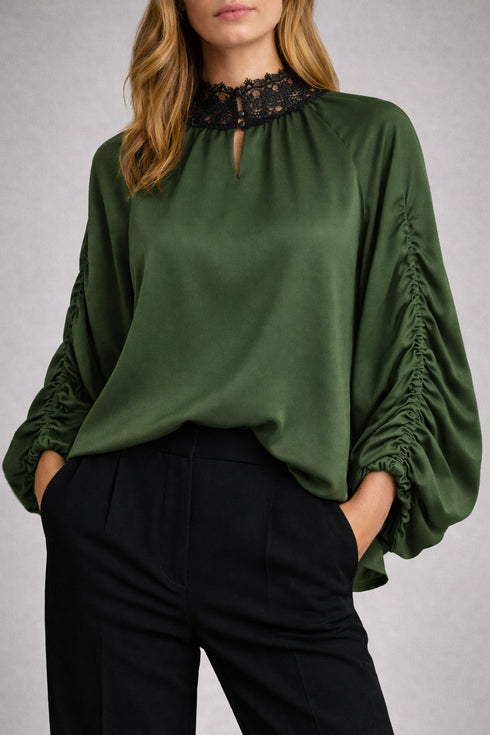Nema - Khaki Blouse With Lace Collar