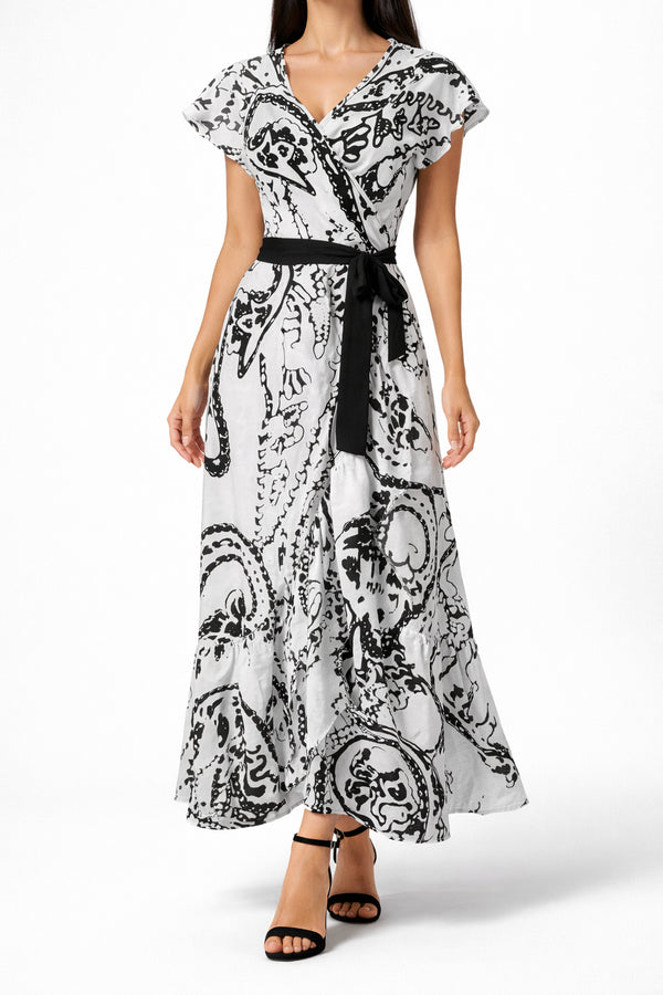 Whiteroom Selection - Elegant Black & White Silky Wrap Maxi Dress