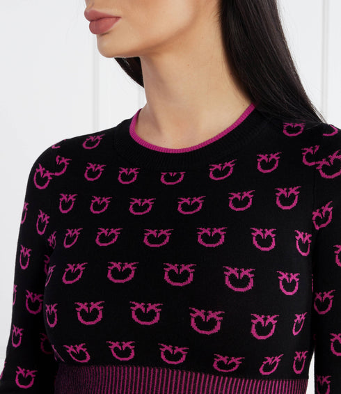 PINKO - Furetto Sweater Tubico Logo Birds Nero/Fuxia