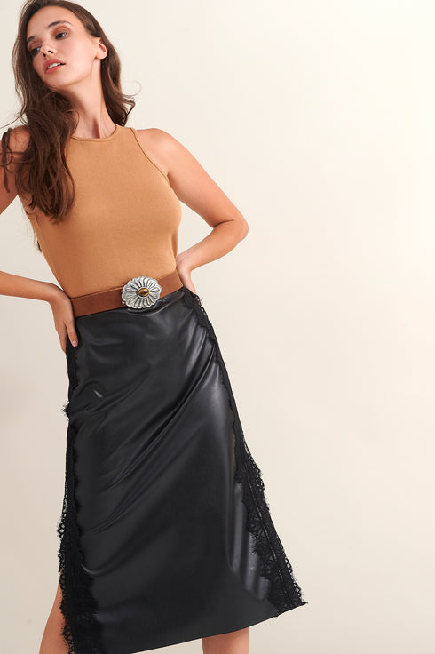 LACE Γυναικεία Μαύρη Midi Φούστα Δερματίνη Με Τρέσα Δαντέλα