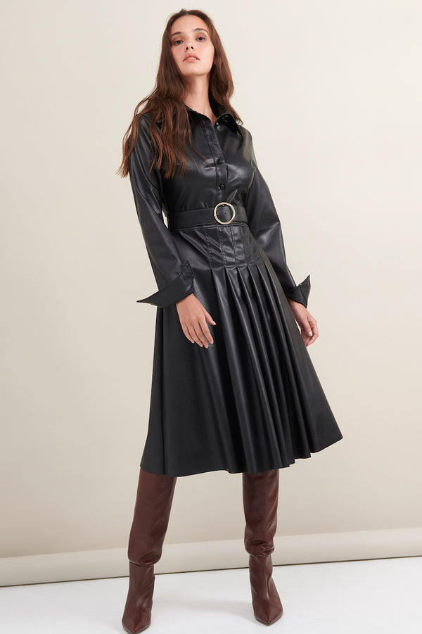 LACE Γυναικείο Midi Φόρεμα Faux Leather Μακρύ Μανίκι Μαύρο Με Ζώνη