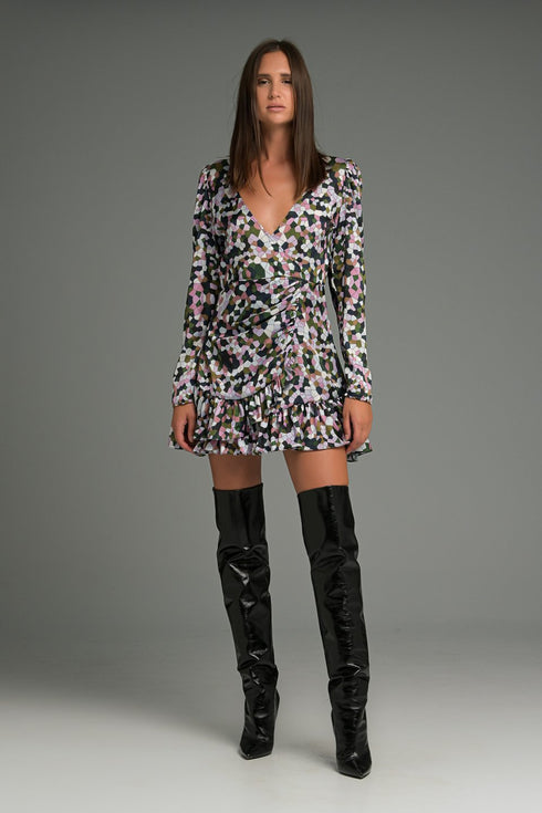 MANOLO Γυναικείο Πολύχρωμο Φόρεμα Κοντό Κρουαζέ Με Βάτες Και Σούρες